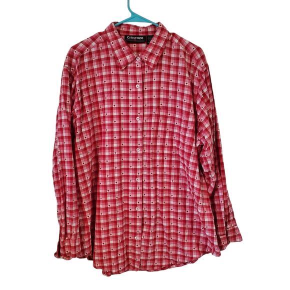 Citicraze Heart Print Plaid Check Long Sleeve Blouse Plus Size 2X Red Valentines - Picture 1 of 4